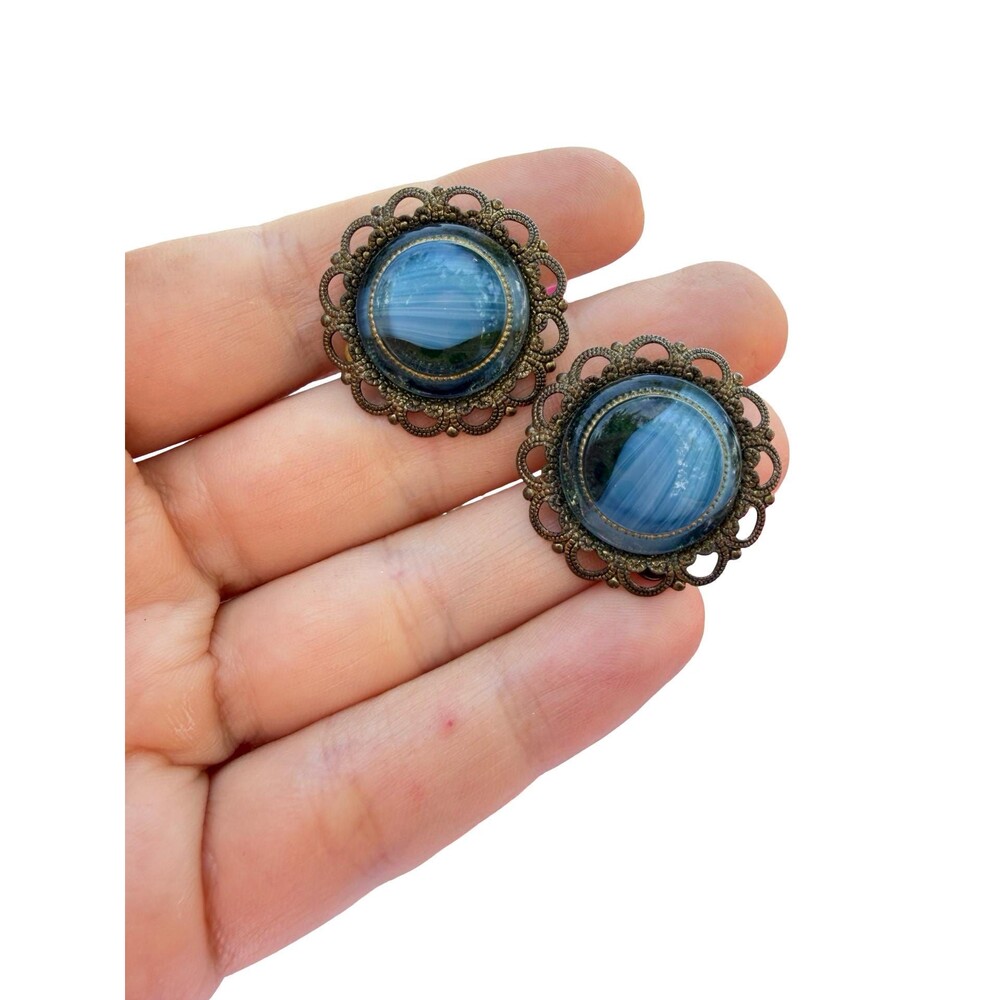 West German Vintage Blue Swirl Glass Clip on Earrings; Midcentury German Made Fi
